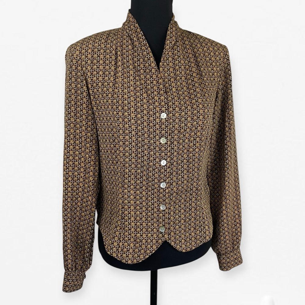 Worthington Vintage Retro Brown patterned Abalone button up career blouse 6